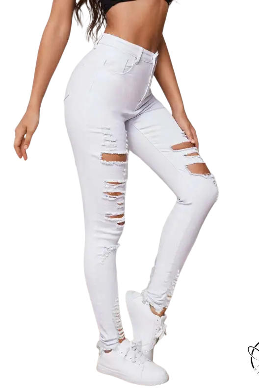 Women’s white ripped stretch slim denim skinny jeans for all seasons