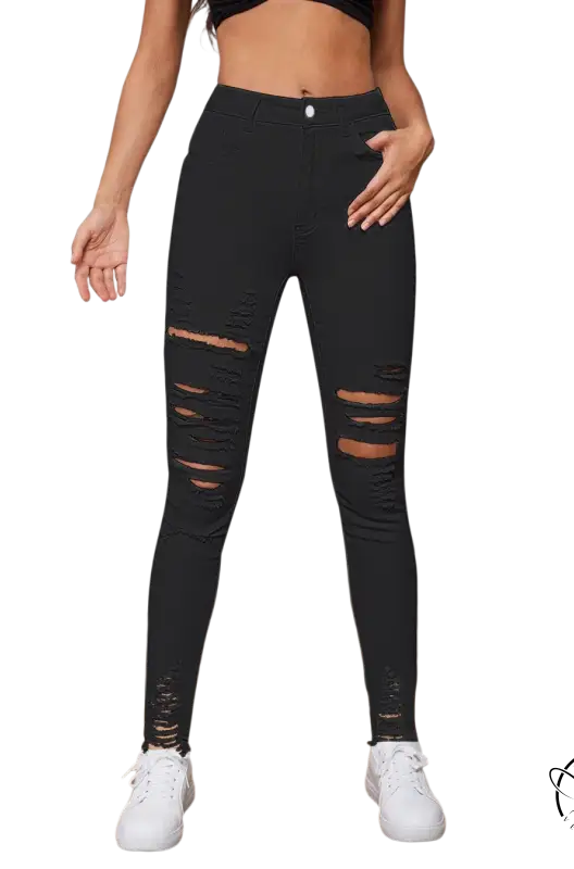 Women’s high-waisted black ripped stretch slim denim skinny jeans