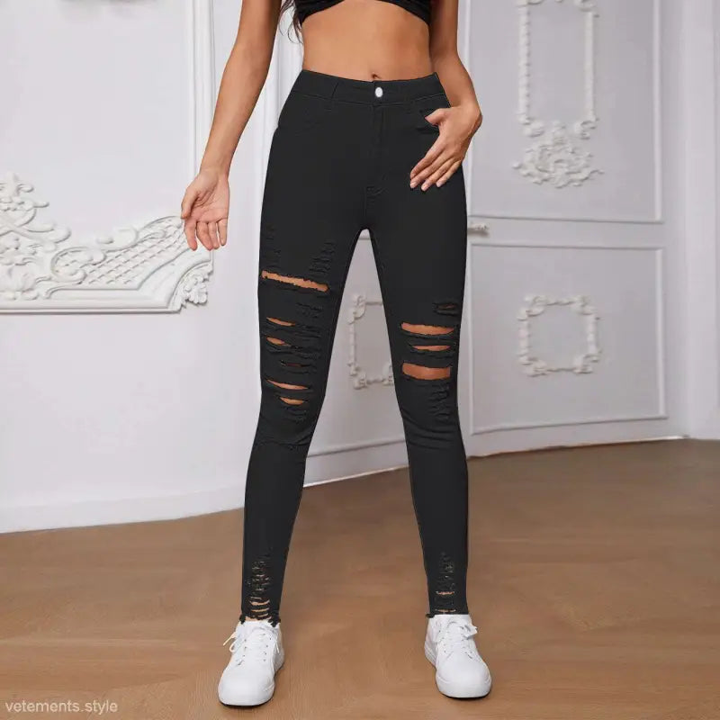 Women’s high-waisted black ripped stretch slim denim skinny pants for all seasons