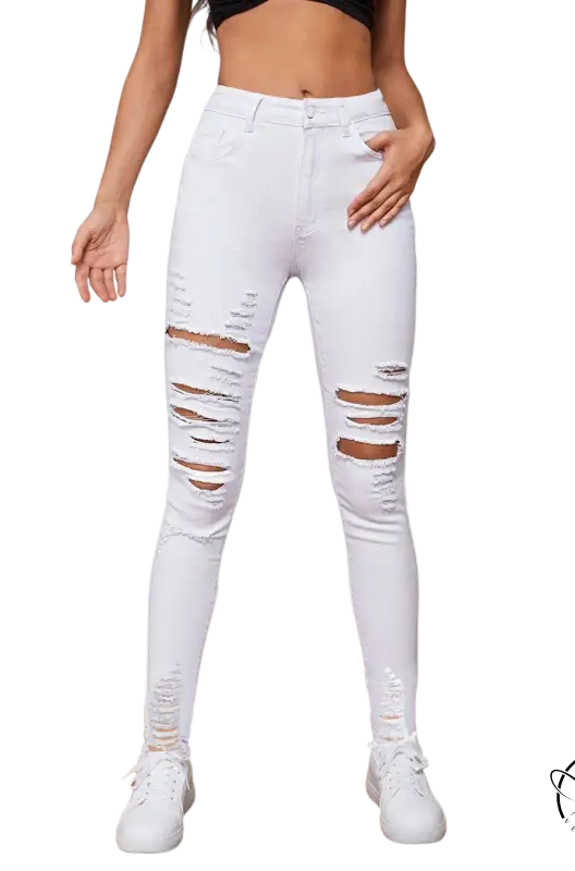 Women’s white distressed casual stretch slim denim skinny pants