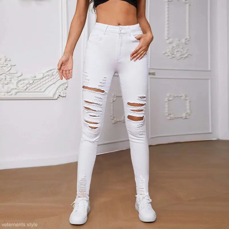 Women’s white distressed stretch slim denim skinny pants for all seasons