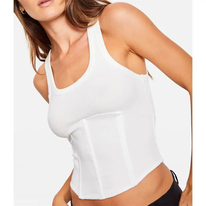 White ribbed tank top with boning corset design for casual summer style wear