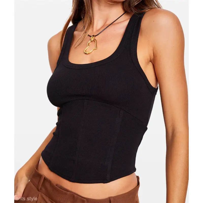 Black ribbed tank top with square neckline, fitted bodice, ideal for casual style boning and summer wear