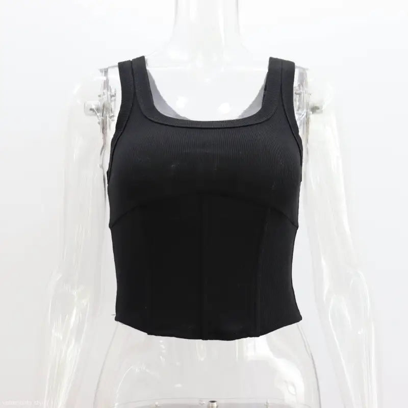 Black ribbed knit square-neck sleeveless crop top from Casual Style Boning Corset for summer wear