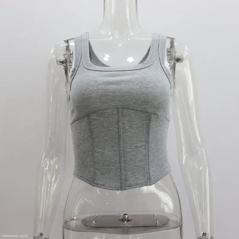 Grey ribbed knit square-neck boning corset top from Casual Style Boning Corset for Summer Wear