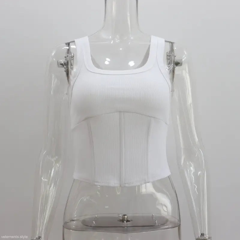 White ribbed knit square neck casual style boning corset tank top for summer wear