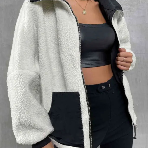 White and black color-blocked urban knitted jacket for autumn winter comfort