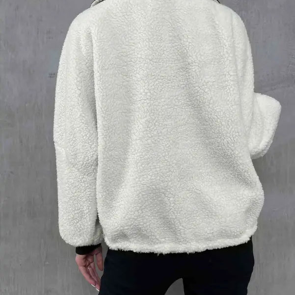 White fleece Urban Knitted Jacket with black collar, view from the back for Autumn Winter