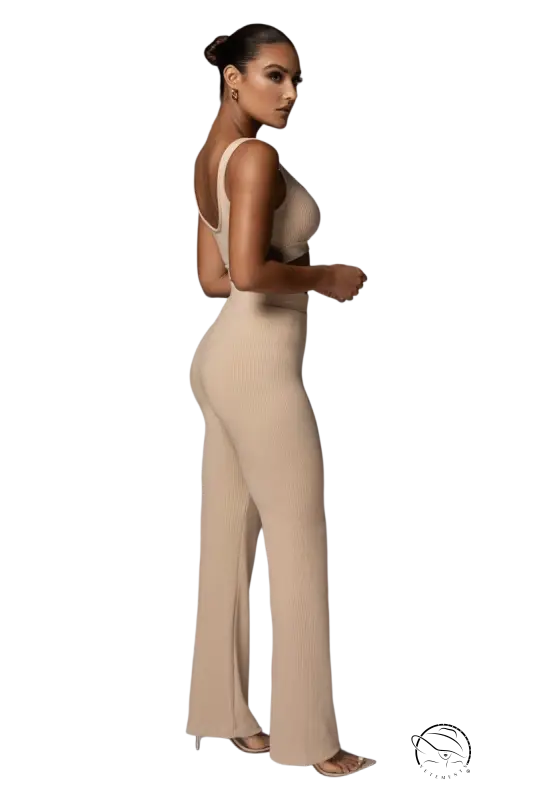 Beige ribbed casual yoga set with cut-out back and wide-leg pants