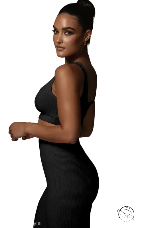 Black ribbed knit casual yoga set with cropped sleeveless top and skinny yoga pants