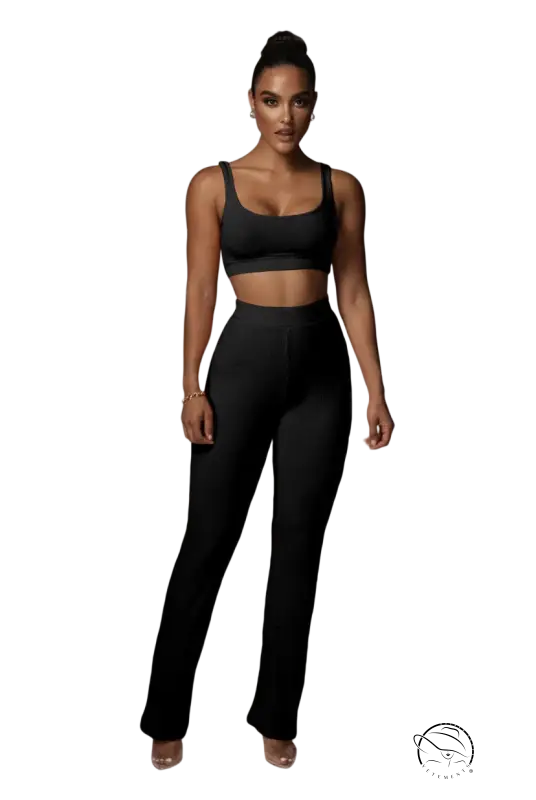 Black high-waisted flare-leg skinny yoga pants set with sleeveless top