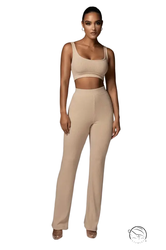Beige ribbed casual yoga set with crop top and flared yoga pants