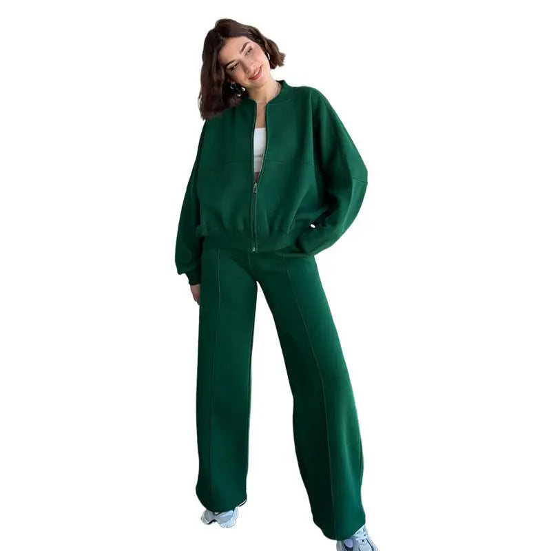 Green tracksuit featuring a casual zipper cardigan sweater and straight pants for spring