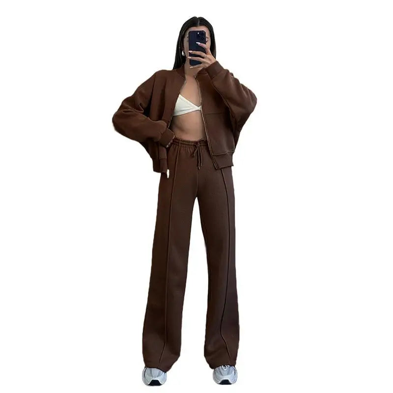 Brown tracksuit featuring Casual Zipper Cardigan Sweater Set with Straight Pants