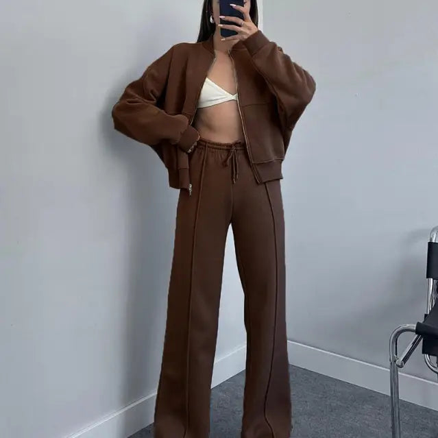 Woman wearing a brown Cardigan Sweater Set with casual straight pants for Spring/Fall