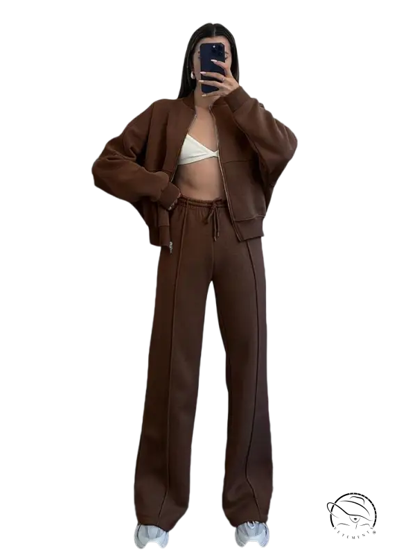 Woman in casual zipper cardigan sweater set with straight pants