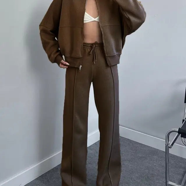 Brown lounge set with white sneakers from Casual Zipper Cardigan Sweater Set