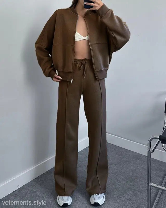 Brown lounge set with white sneakers from Casual Zipper Cardigan Sweater Set