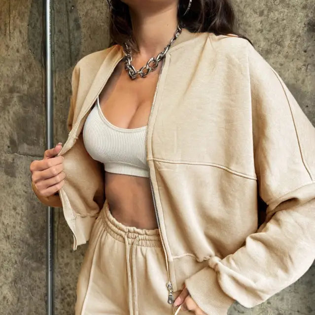 Beige Zipper Cardigan Sweater Set with Casual Straight Pants and Silver Chain Detail