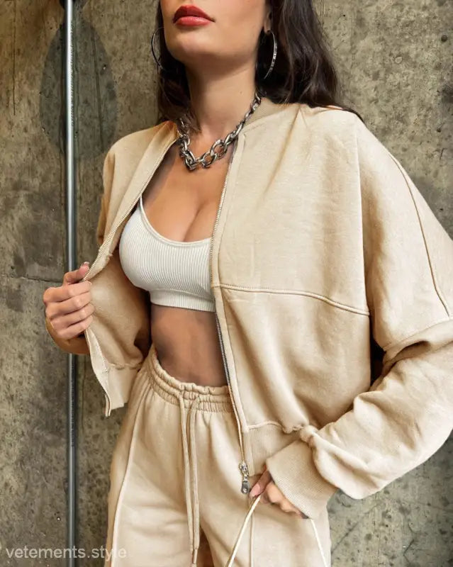 Beige Zipper Cardigan Sweater Set with Casual Straight Pants and Silver Chain Detail