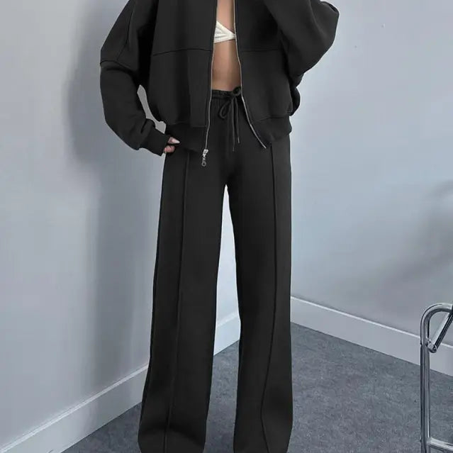 Dark-colored Cardigan Sweater Set with Zipper and Casual Straight Pants for Spring/Fall