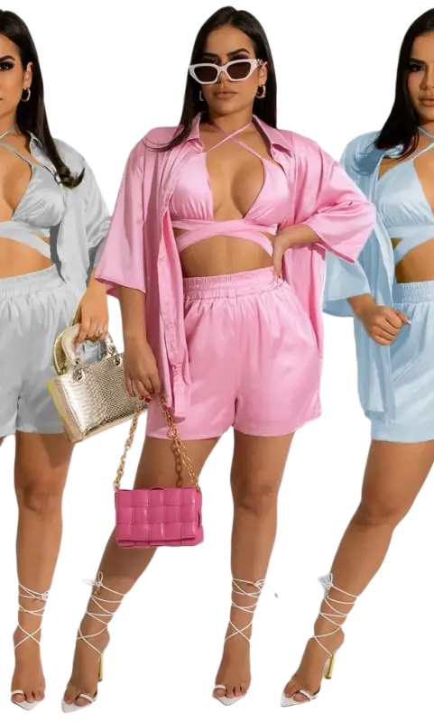 Three cheerful & cute women clothing vest piece set in satin shorts