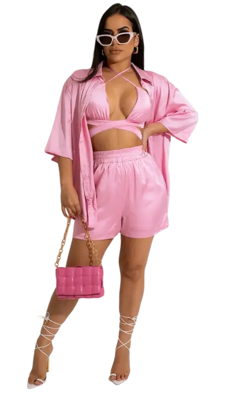 Pink satin cheerful and cute women clothing vest piece set