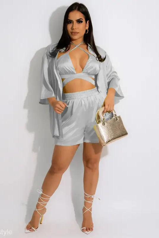 Cheerful and cute women clothing vest in satin three-piece outfit for versatile spring fall wear