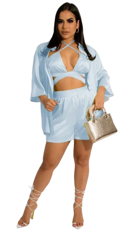 Woman in cheerful & cute light blue three-piece set vest