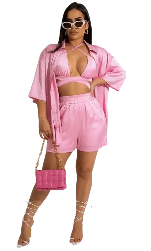 Woman in cheerful & cute pink satin three-piece set vest