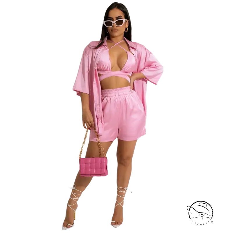 Woman in cheerful & cute pink satin three-piece set vest