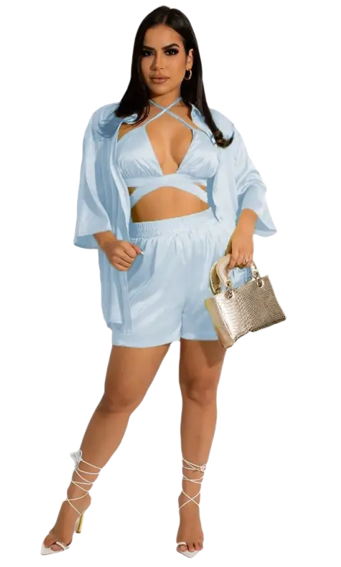 Cheerful & cute women clothing vest in light blue three-piece set