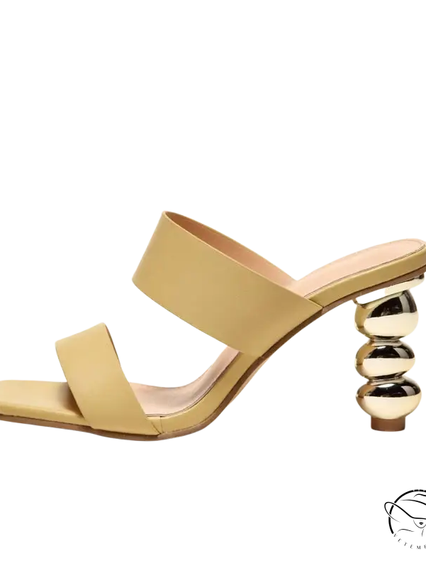 Chic cold drag high heel beige leather mule sandal with metallic sphere heel