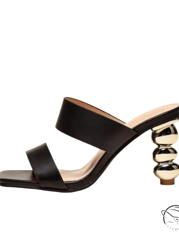 Chic cold drag high heel black leather mule with metallic sphere heel