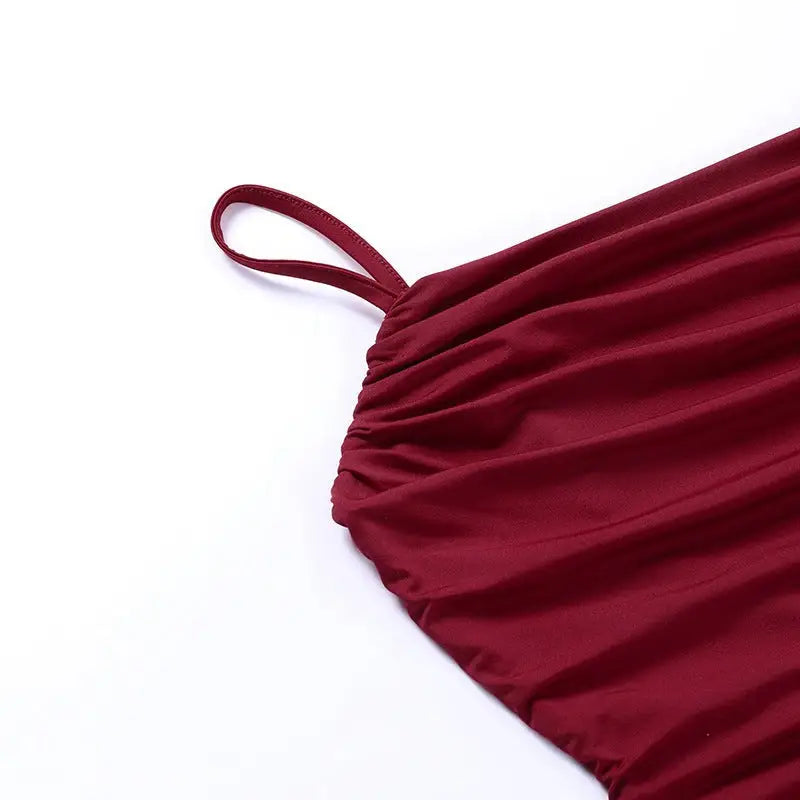 Maroon knitted sexy backless dress with ruched fabric and strap detail