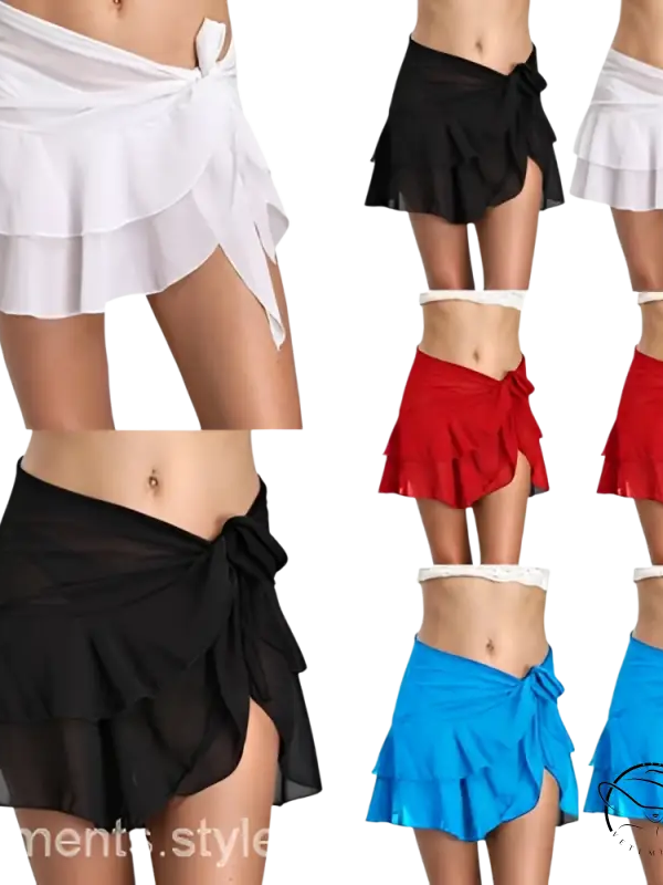 Chic chiffon beachwear short dress with ruffled wrap skirts in white, black, red, blue