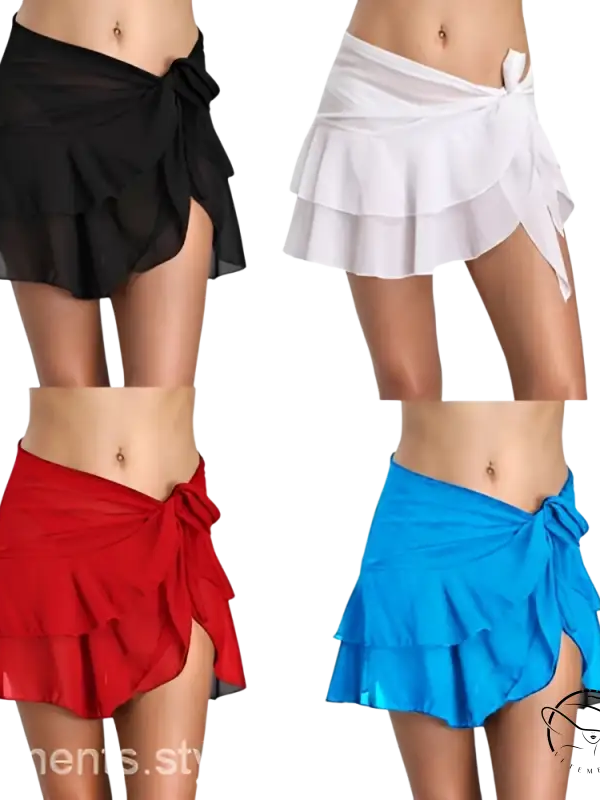 Chic chiffon beachwear short dress with ruffled wrap skirts in black, white, red, blue