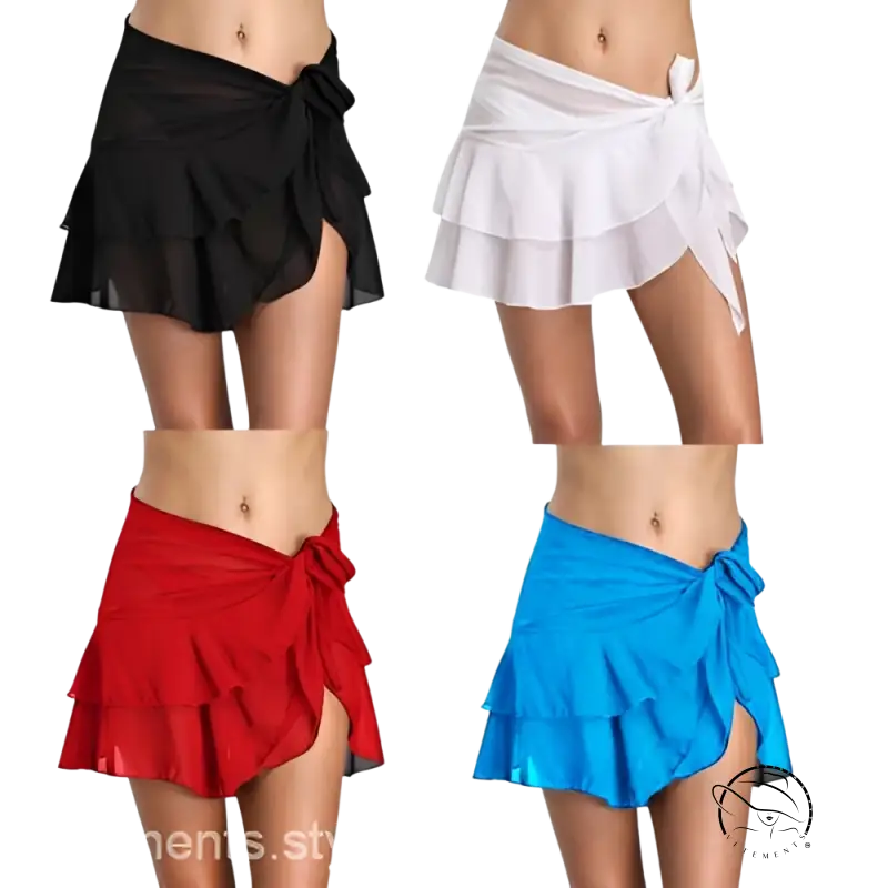 Chic chiffon beachwear short dress with ruffled wrap skirts in black, white, red, blue