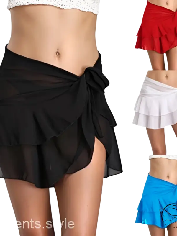 Chic chiffon beachwear short dress with ruffled wrap skirt in black, red, white, blue