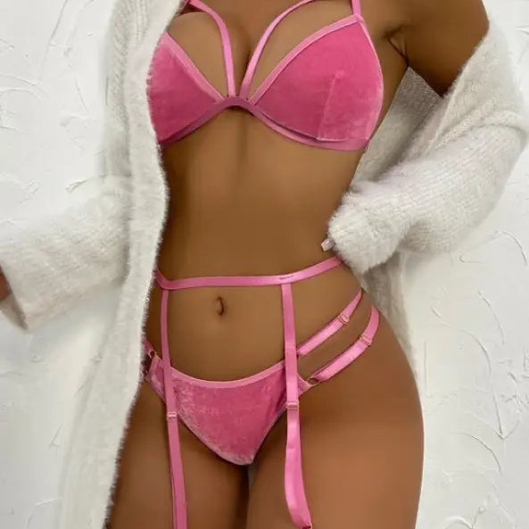 Pink velvet lingerie set with strappy details, perfect for chic nightclubs sexy four style