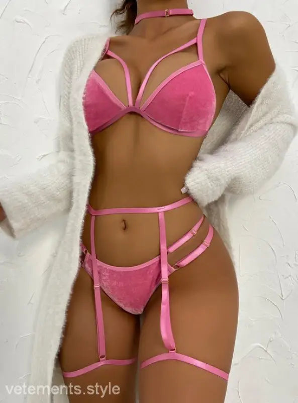 Pink velvet lingerie set with strappy details, perfect for chic nightclubs sexy four style