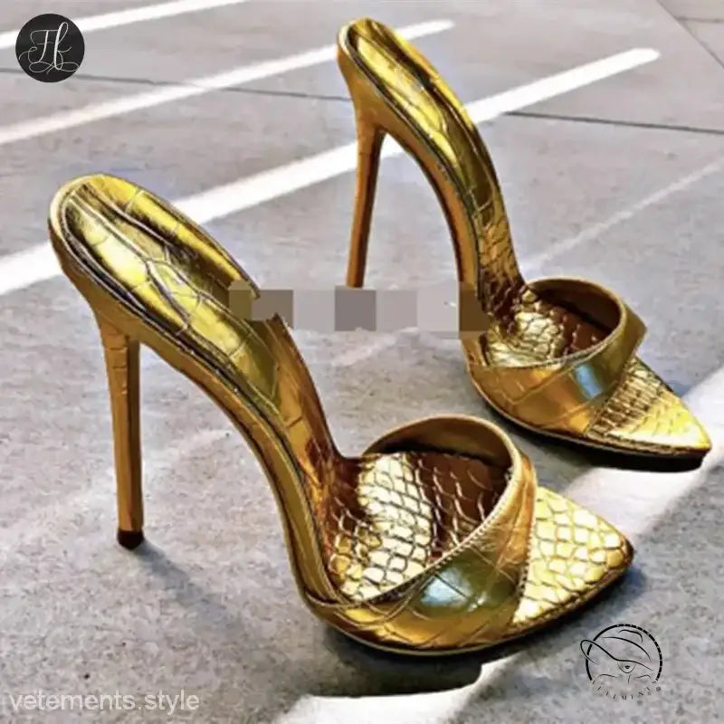 Chic summer slide stiletto pumps with golden snakeskin texture