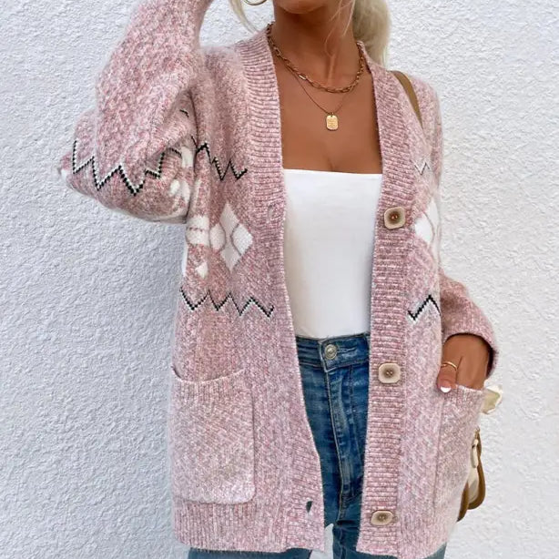 Pink patterned knit cardigan, a stylish Christmas Snowflake Sweater with pocket