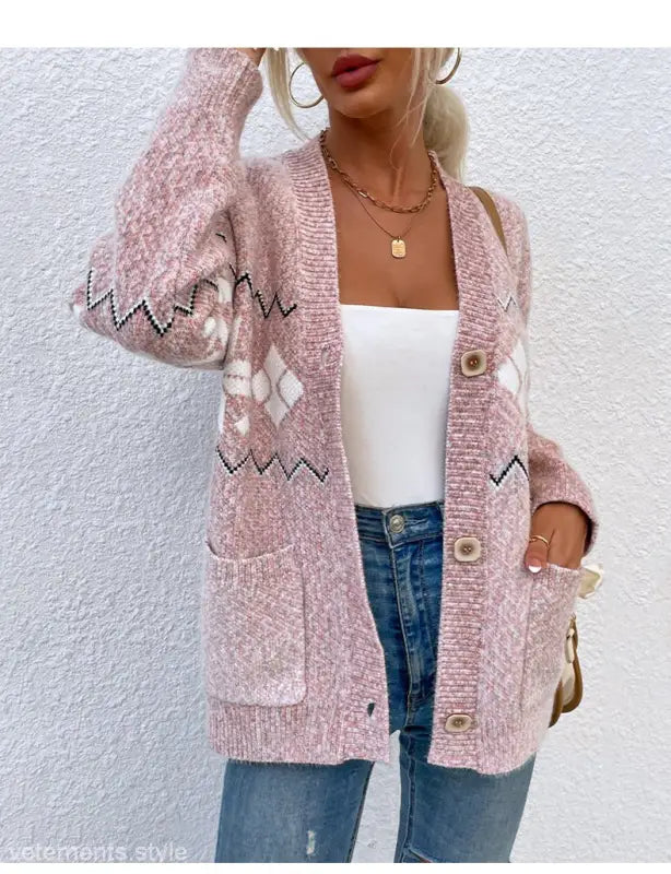 Pink patterned knit cardigan, a stylish Christmas Snowflake Sweater with pocket