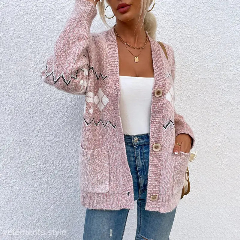 Pink patterned cardigan featured in Christmas Snowflake Single-Breasted Sweater with Pocket