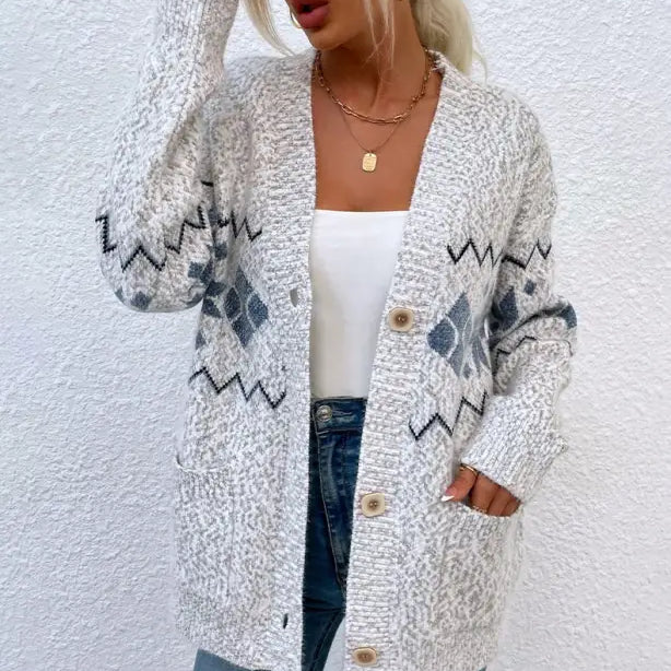 Gray and white patterned Christmas Snowflake Single-Breasted Sweater with Pocket