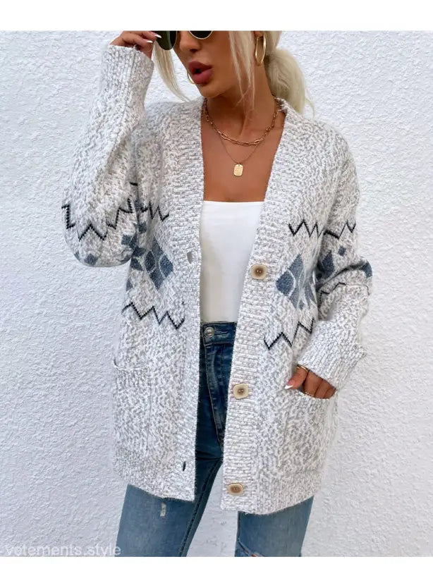 Gray and white patterned Christmas Snowflake Single-Breasted Sweater with Pocket