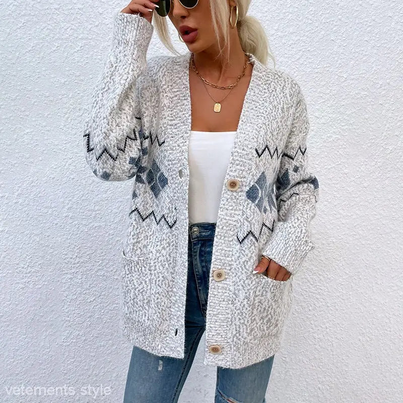 Gray patterned knit cardigan from the Christmas Snowflake Single-Breasted Sweater with Pocket