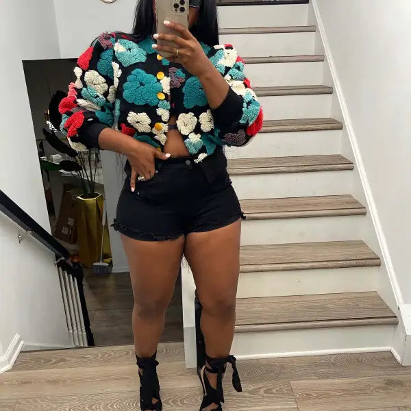 Rose red chrysanthemum floral crochet jacket with black shorts