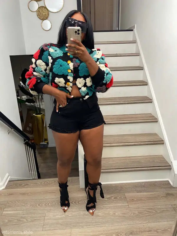 Rose red chrysanthemum floral crochet jacket with black shorts